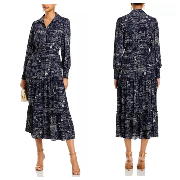T Tahari Printed Tiered Long Sleeve Midi Dress Sz. Small - Picture 1 of 16